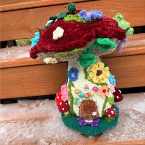Handmade Plush Mushroom Cottage Soft Sculpture - Red & Multicolor